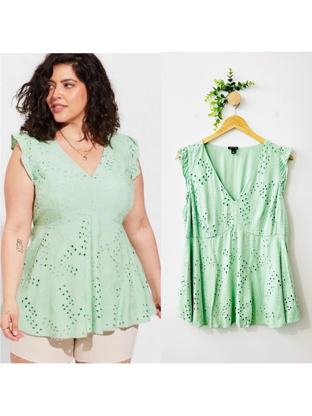 Torrid Light Green Eyelet V‑Neck Sleeveless Top Size 1 or 1X